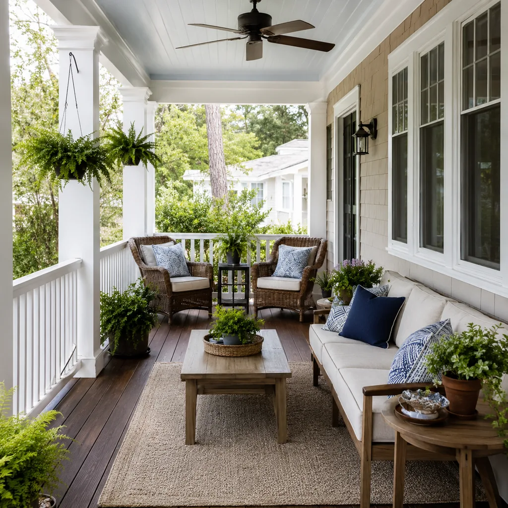 Realistic editorial photo of a covered porch with chairs, ceiling fan, plants, side tables, rug, and outdoor living details showing seating that fits the porch 