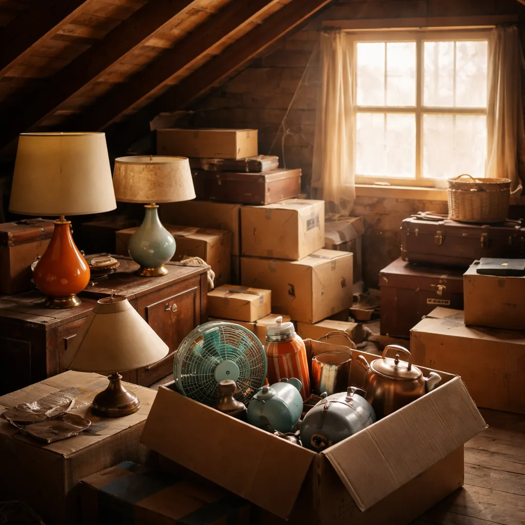 Realistic editorial photo of a dusty attic with boxes, old furniture, vintage kitchenware, and warm window light showing midcentury lamps with good shapes