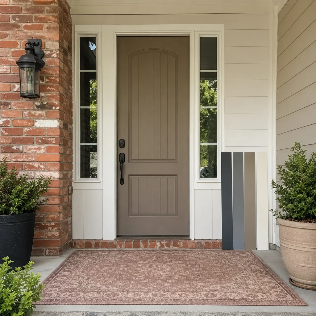 Realistic editorial photo of a front entry with door paint samples, brick, siding, plants, and trim showing rug introducing the wrong undertone