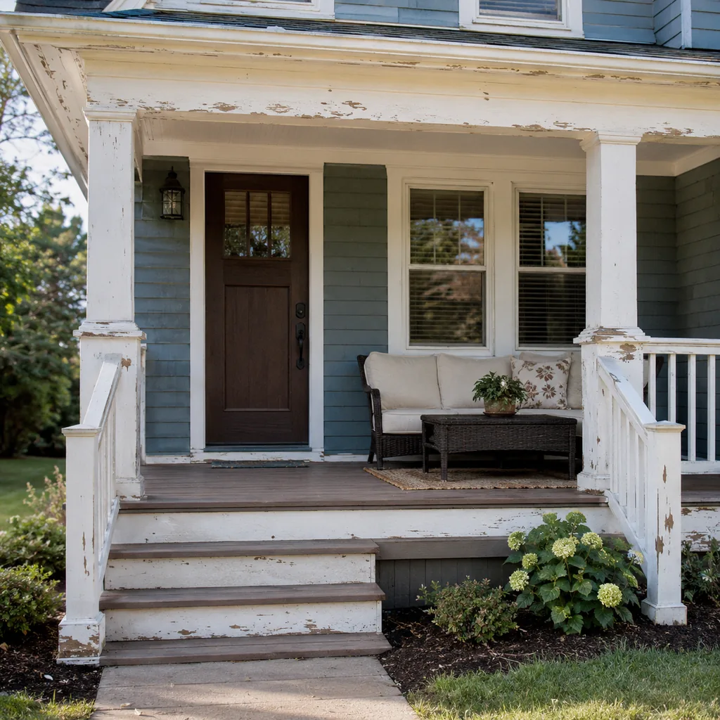 Realistic editorial photo of a front porch prepared for a home showing with steps, door, railings, seating, and curb appeal issues showing peeling paint on trim