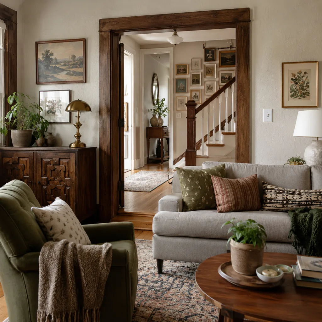 Realistic editorial photo of a home interior with vintage decor, modern furniture, warm wood, patterned accents, and layered lighting showing textured walls tha