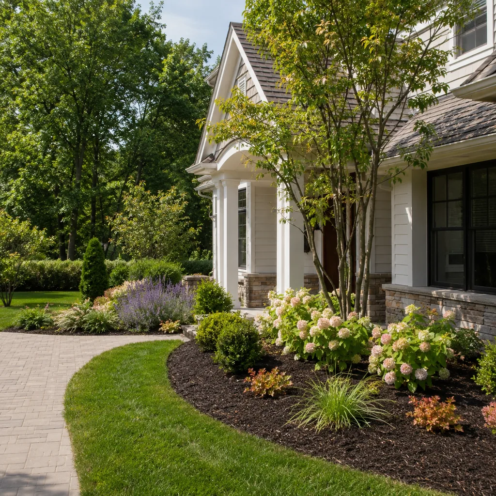 Realistic editorial photo of a landscaped American front yard with lawn, shrubs, mulch beds, trees, walkway, and house exterior showing walkway edge left undefi