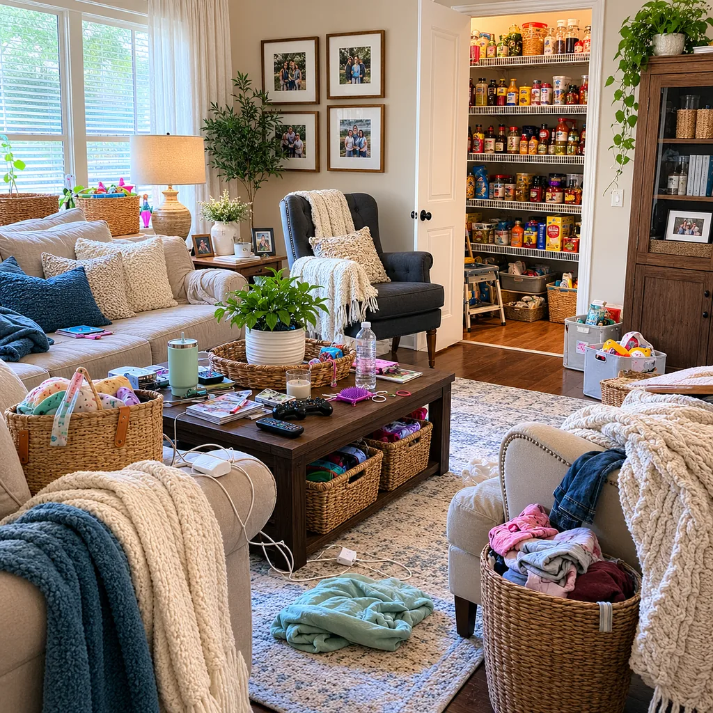 Realistic editorial photo of a living room with crowded surfaces, extra chairs, baskets, blankets, cords, and storage furniture showing pantry with expired back
