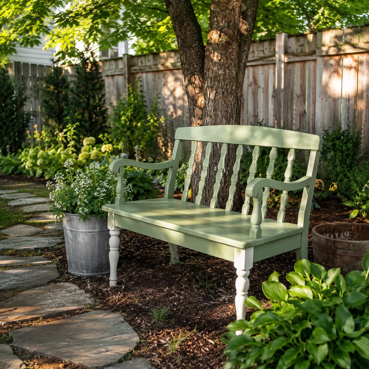 Realistic editorial photo of a painted thrifted bench in budget backyard weekend upgrade, realistic editorial photo, nat