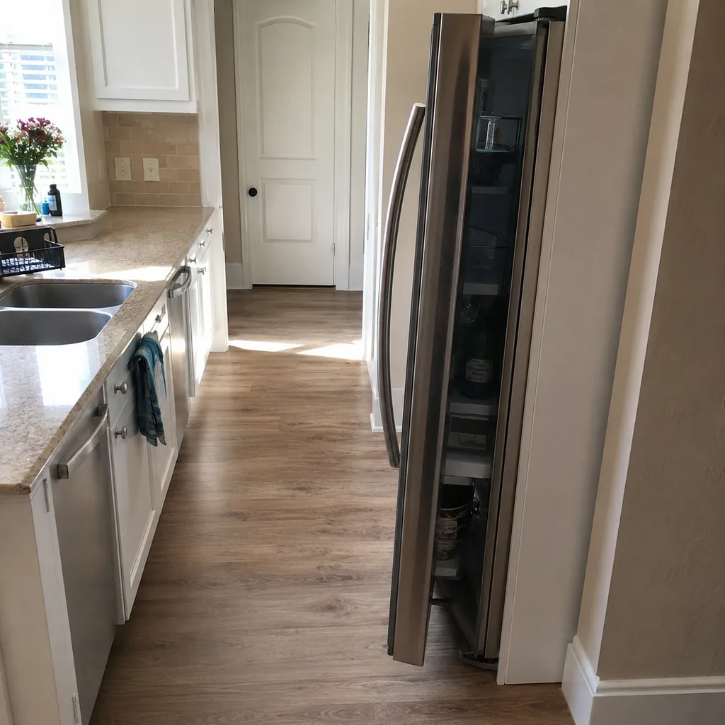 Realistic editorial photo of a realistic American kitchen with sink, cabinets, appliances, counters, and inspection details showing fridge door that cannot open