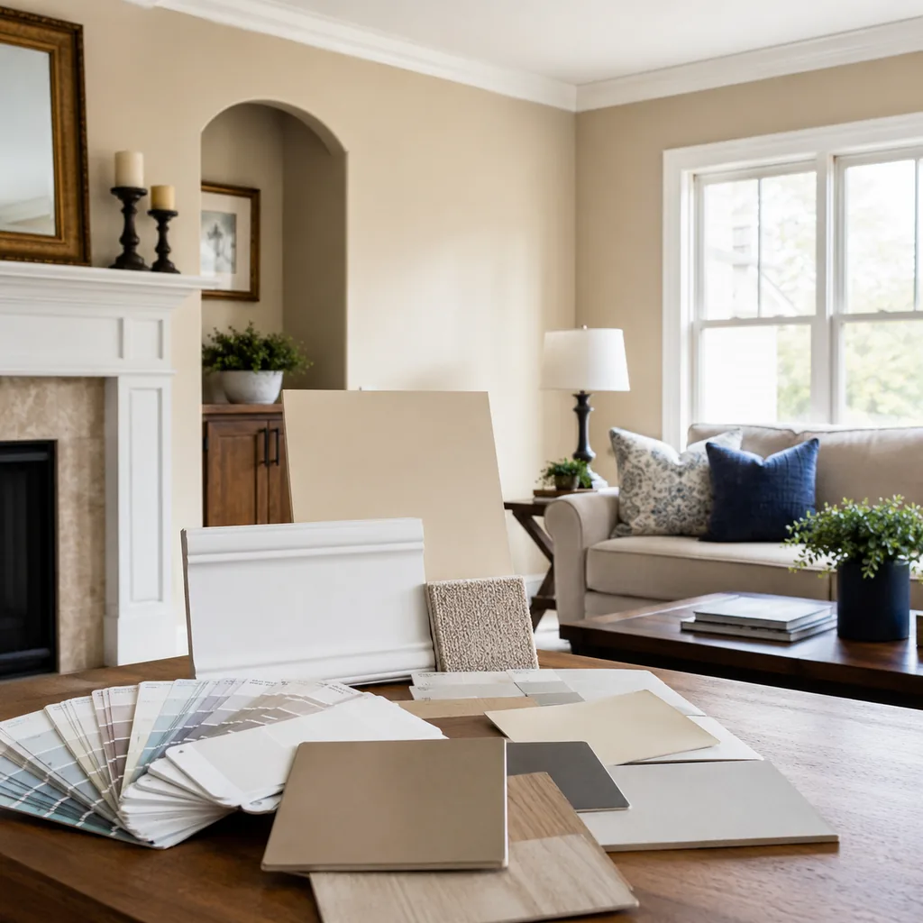 Realistic editorial photo of a room with paint swatches, sample boards, wall colors, trim, furniture, and daylight showing safe color that still dates the room