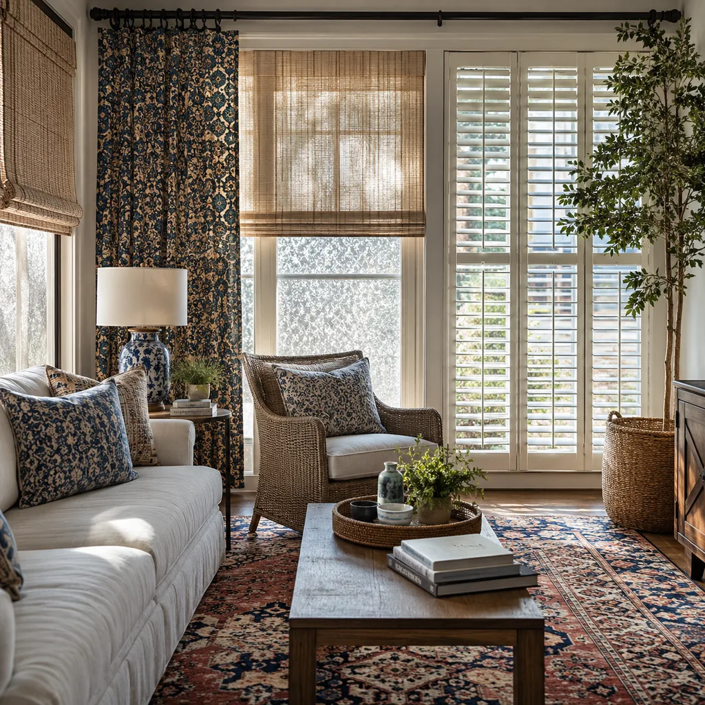 Realistic editorial photo of a room with windows, shades, shutters, woven panels, privacy film, and soft natural light showing pattern competing with the rug