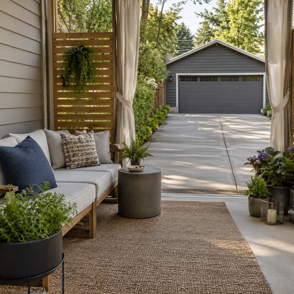 Realistic editorial photo of a small patio with compact seating, outdoor rug, plants, side table, curtains, and privacy screen showing driveway view that domina