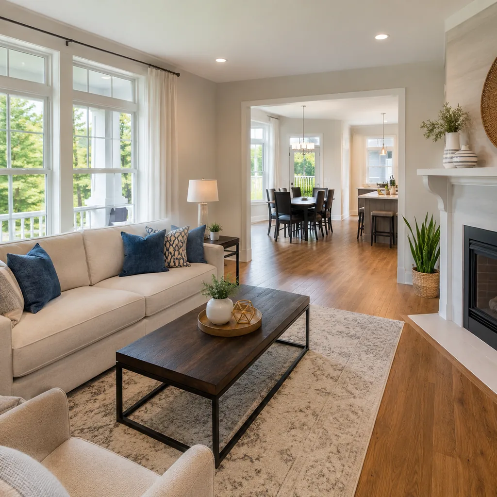 Realistic editorial photo of a staged American living room with sofa, rug, windows, lighting, and buyer-facing details showing clear walkway through the room