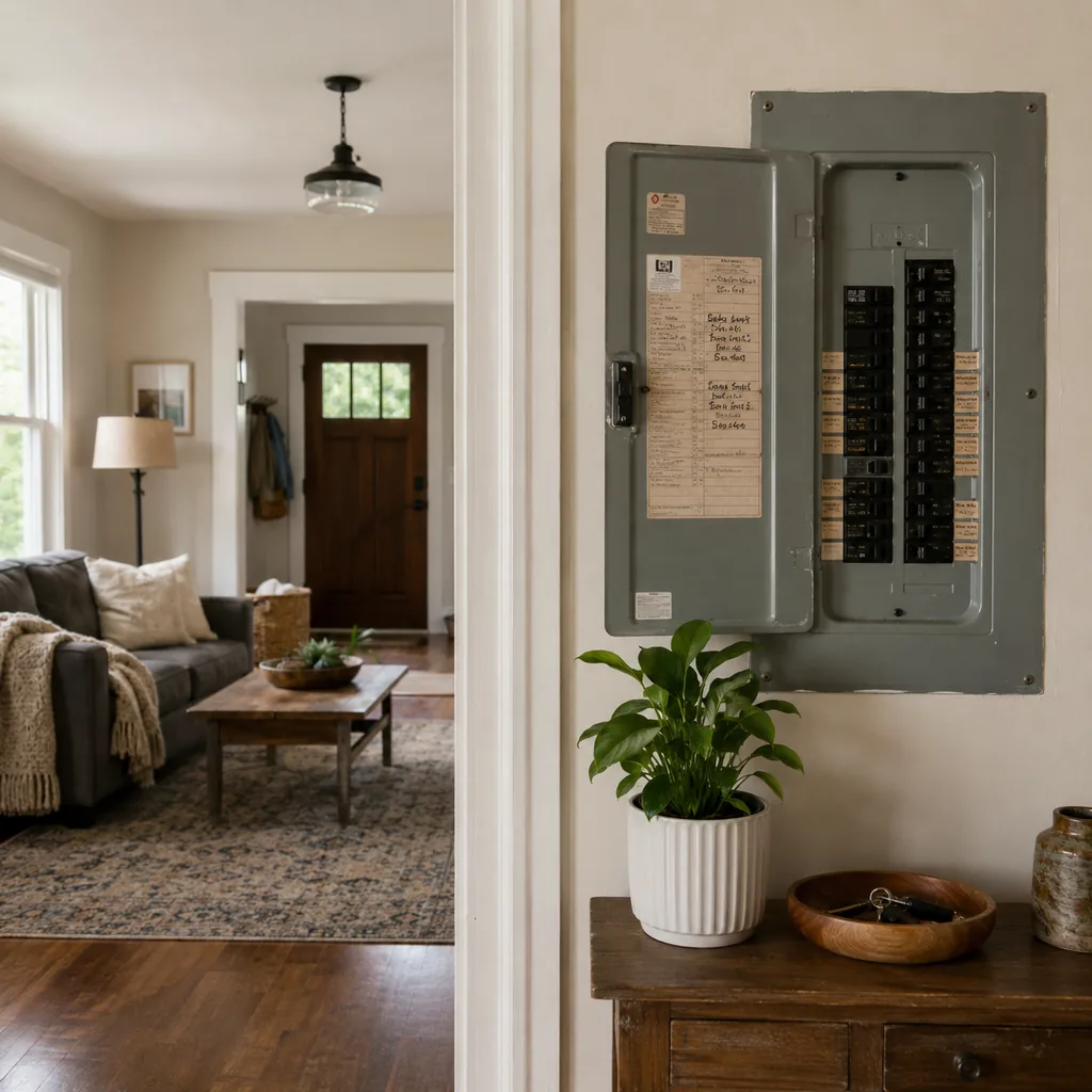 Realistic editorial photo of a staged home interior with living room, entry, lighting, furniture placement, and listing-photo details showing service panel with