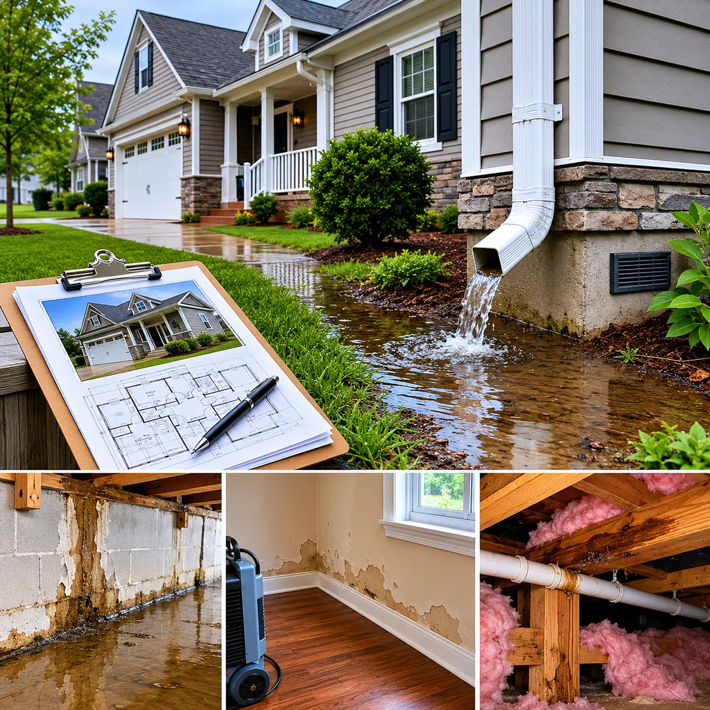Realistic editorial photo of a suburban American home with appraisal paperwork, exterior details, utilities, and interior repair clues showing downspouts dumpin