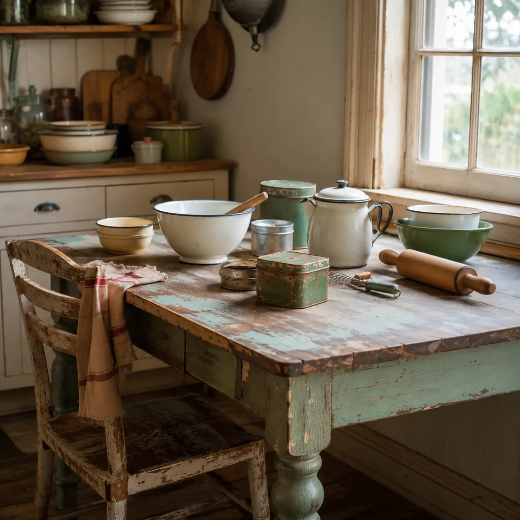 Realistic editorial photo of a vintage kitchen table with bowls, enamel cookware, utensils, tins, and warm window light showing furniture with repairable damage