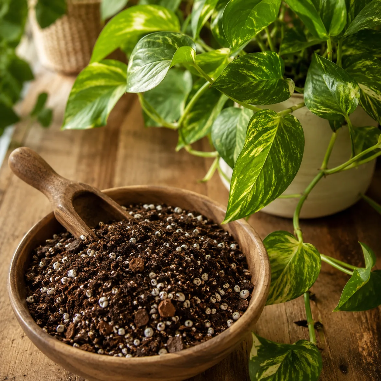 Realistic editorial photo of airy pothos potting mix with perlite and bark beside a healthy pothos, warm natural light, 