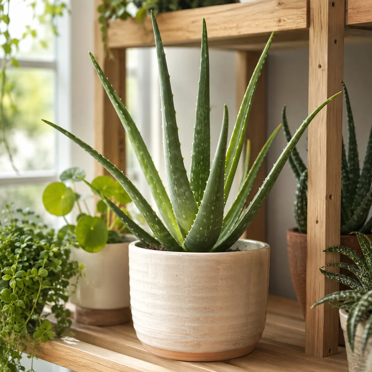 Realistic editorial photo of Aloe vera growing in bright indoor shelf with low maintenance houseplants, realistic editor