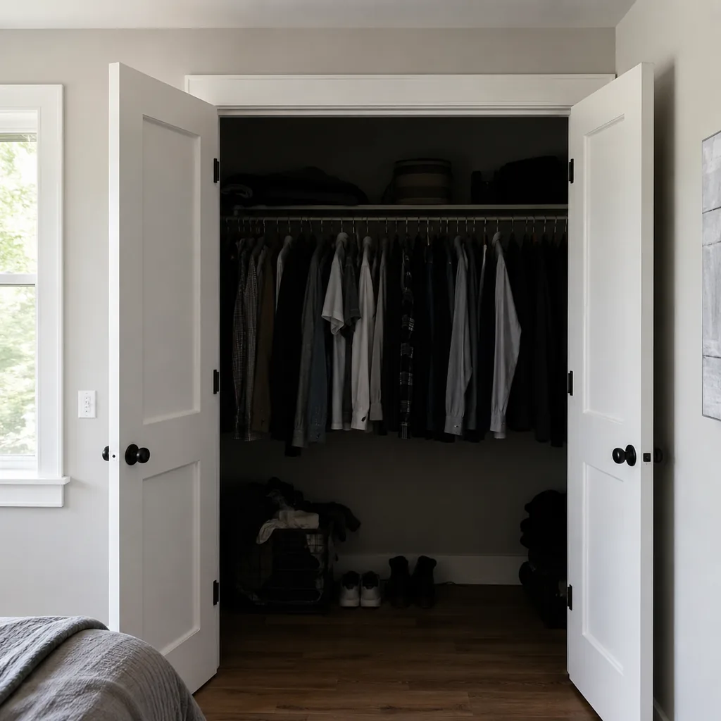 Realistic editorial photo of an American closet showing forgetting lighting inside closet