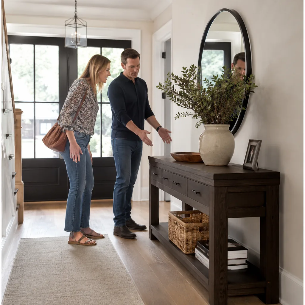 Realistic editorial photo of an American entryway showing choosing a console that is deep