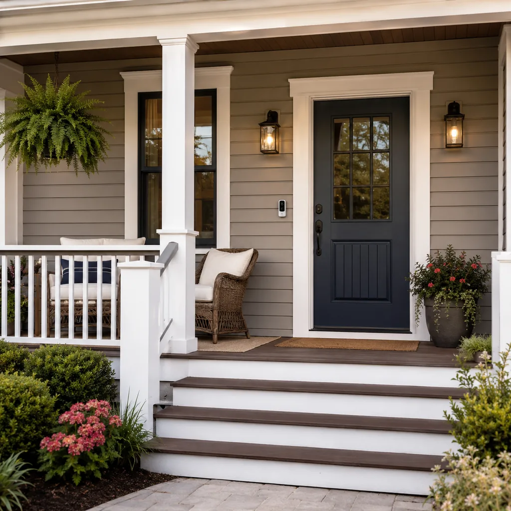 Realistic editorial photo of an American front porch with siding, steps, planters, seating, and a visible front door showing doorbell area that looks intentiona