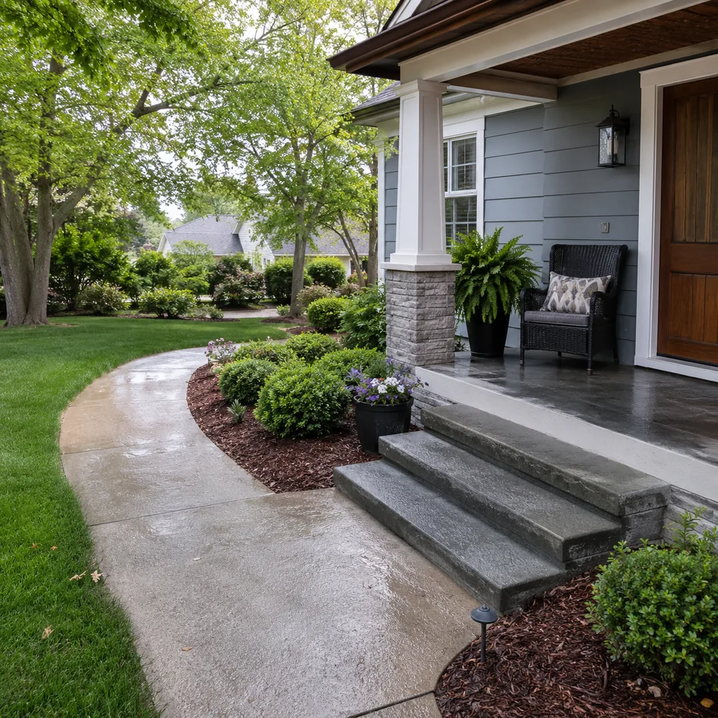 Realistic editorial photo of an American front yard with lawn, shrubs, walkway, mulch beds, trees, and a front porch showing patio surface that gets slippery