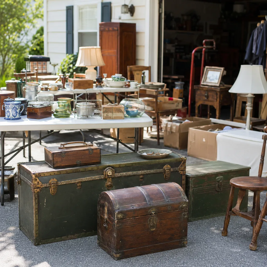 Realistic editorial photo of an American garage sale with folding tables, boxes, old kitchen items, furniture, and collectibles showing military trunks and foot