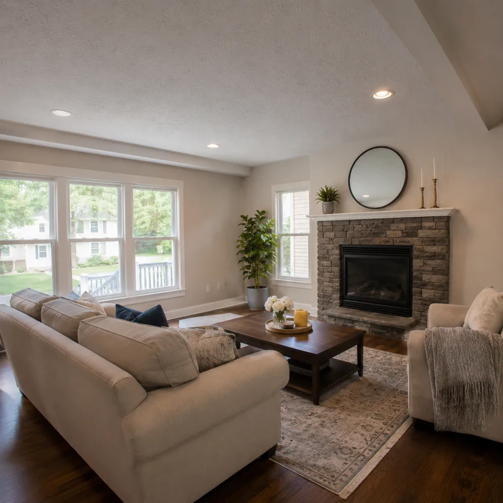 Realistic editorial photo of an American home lighting showing ignoring lamps in living rooms