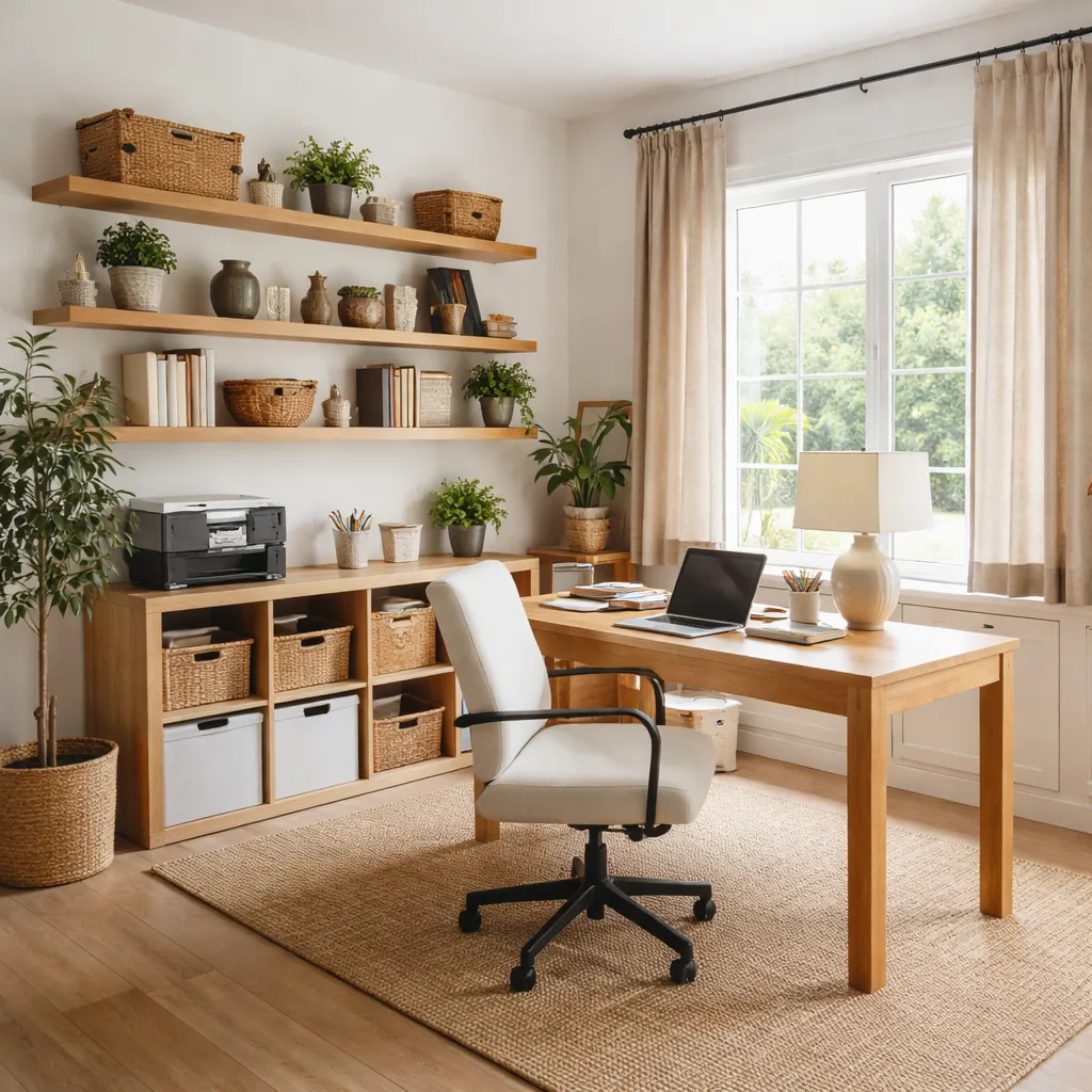 Realistic editorial photo of an American home office showing skipping closed storage