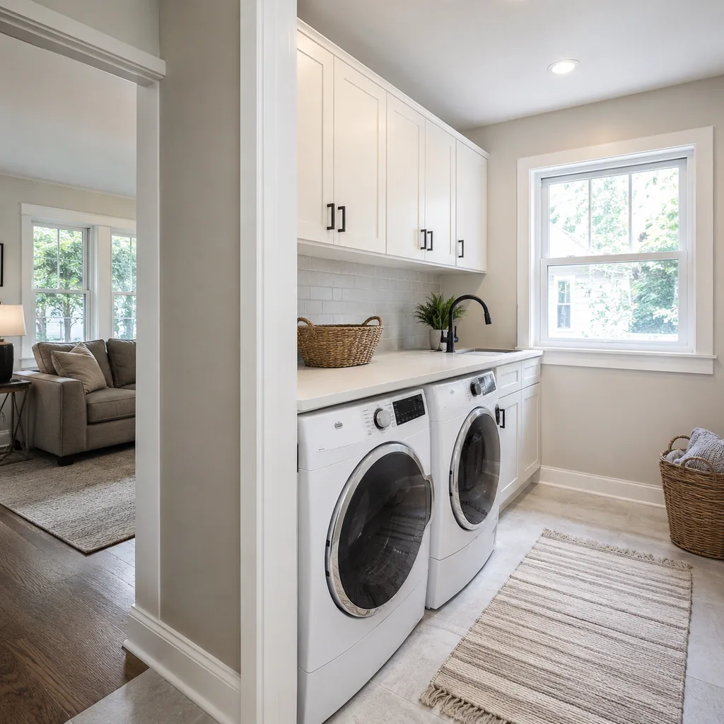 Realistic editorial photo of an American laundry room showing ignoring noise through shared walls