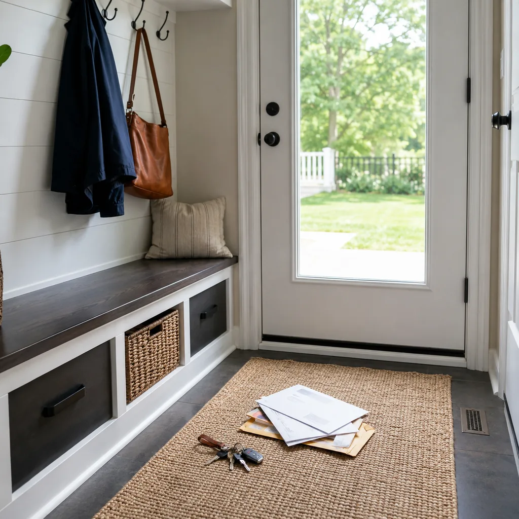 Realistic editorial photo of an American mudroom showing forgetting mail and keys