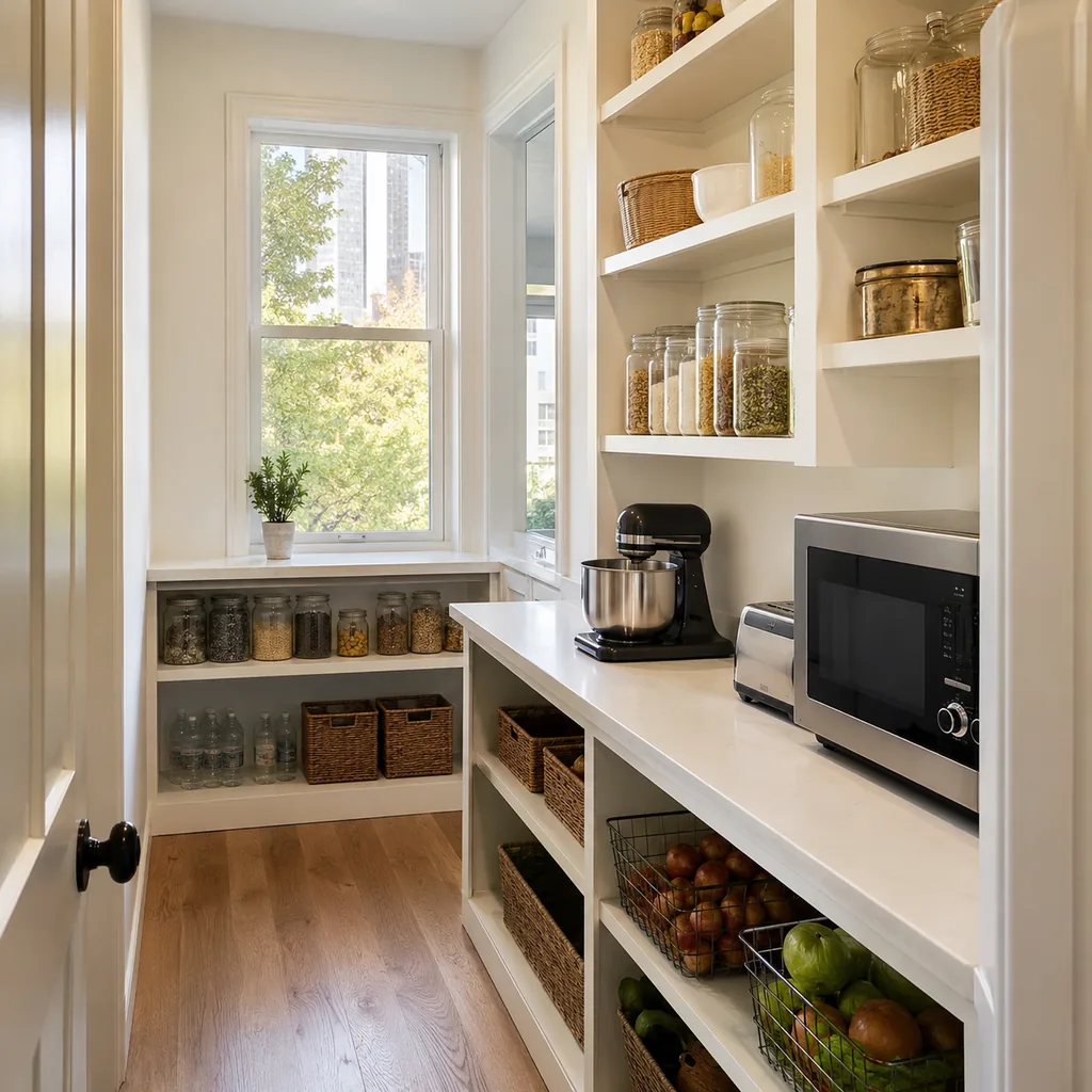 Realistic editorial photo of an American walk-in pantry showing forgetting appliance heat