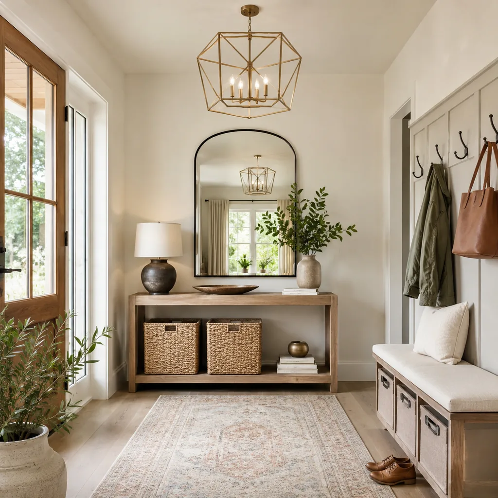 Realistic editorial photo of an entryway with console table, mirror, bench, hooks, rug, lighting, and storage showing statement lighting that still fits the roo