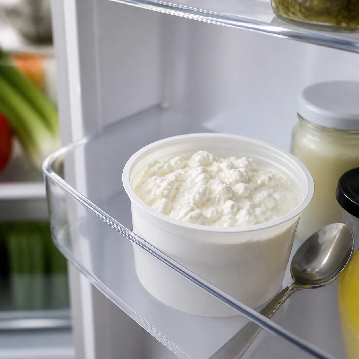 Realistic editorial photo of an opened cottage cheese tub sitting in a refrigerator door compartment, spoon nearby, cool