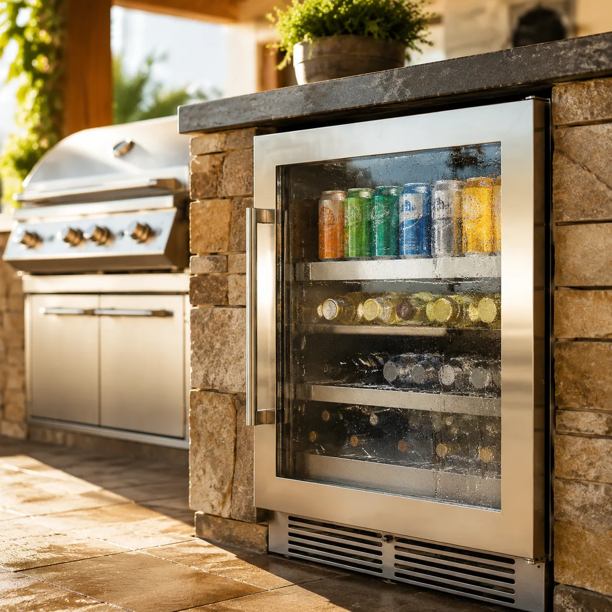 Realistic editorial photo of an outdoor beverage fridge built into a sunny patio kitchen with condensation, warm afterno