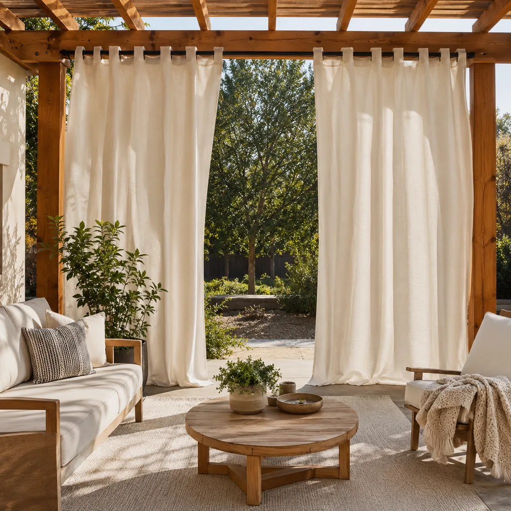 Realistic editorial photo of an outdoor patio with pergola curtains, seating, plants, fabric panels, and sunlight showing no layering for light control