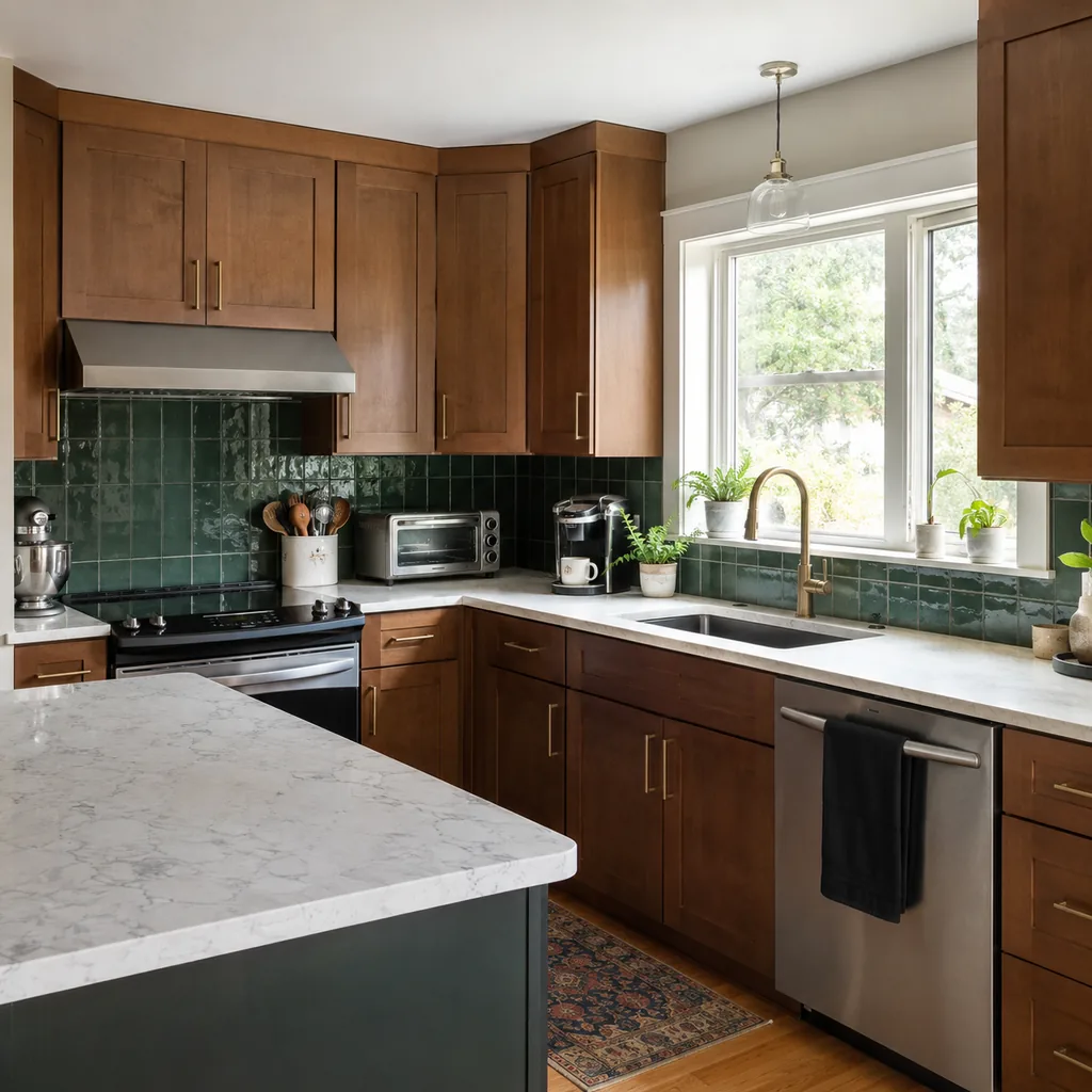 Realistic editorial photo of an updated kitchen with new counters, cabinets, backsplash, sink, hardware, and lingering dated details showing small appliances wi