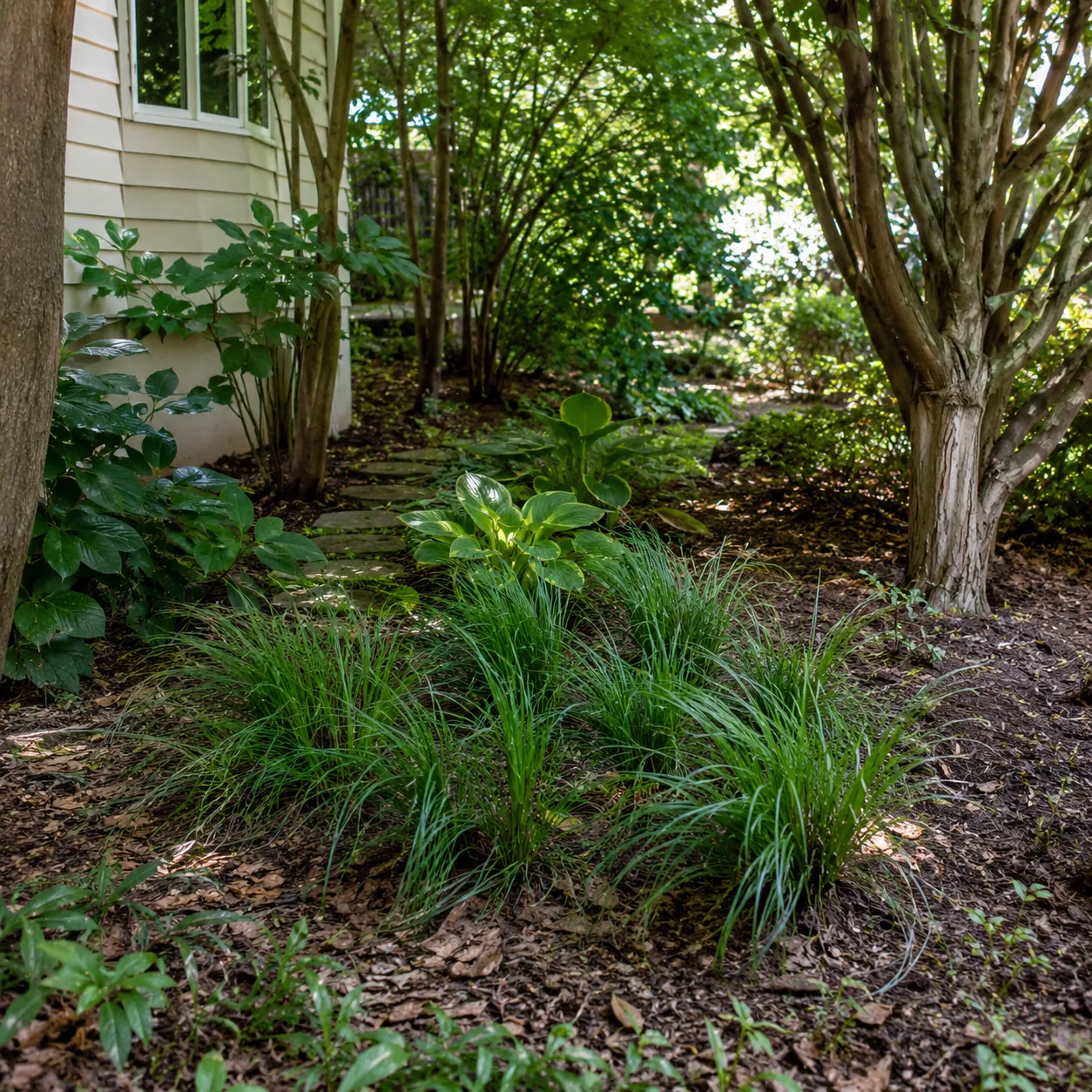 Realistic editorial photo of Carex pensylvanica growing in dry shady side yard under mature trees planted with shade tol