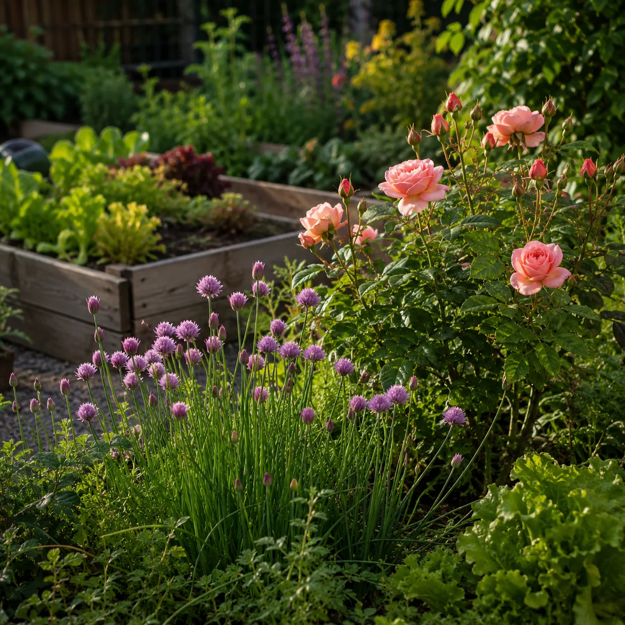 Realistic editorial photo of Chives around roses growing in a practical edible and flower garden, realistic editorial ph