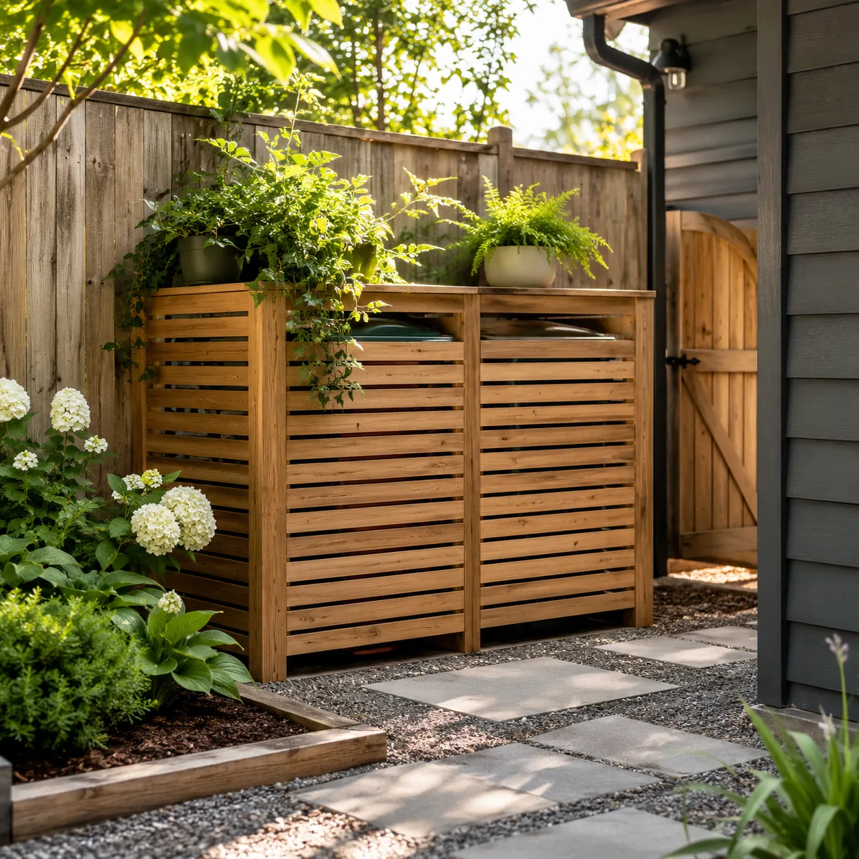 Realistic editorial photo of hide bins behind a screen in small fenced backyard, realistic editorial photo, natural ligh