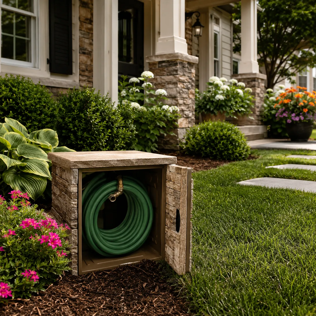 Realistic editorial photo of hide visible hoses in polished suburban front yard, realistic editorial photo, natural ligh