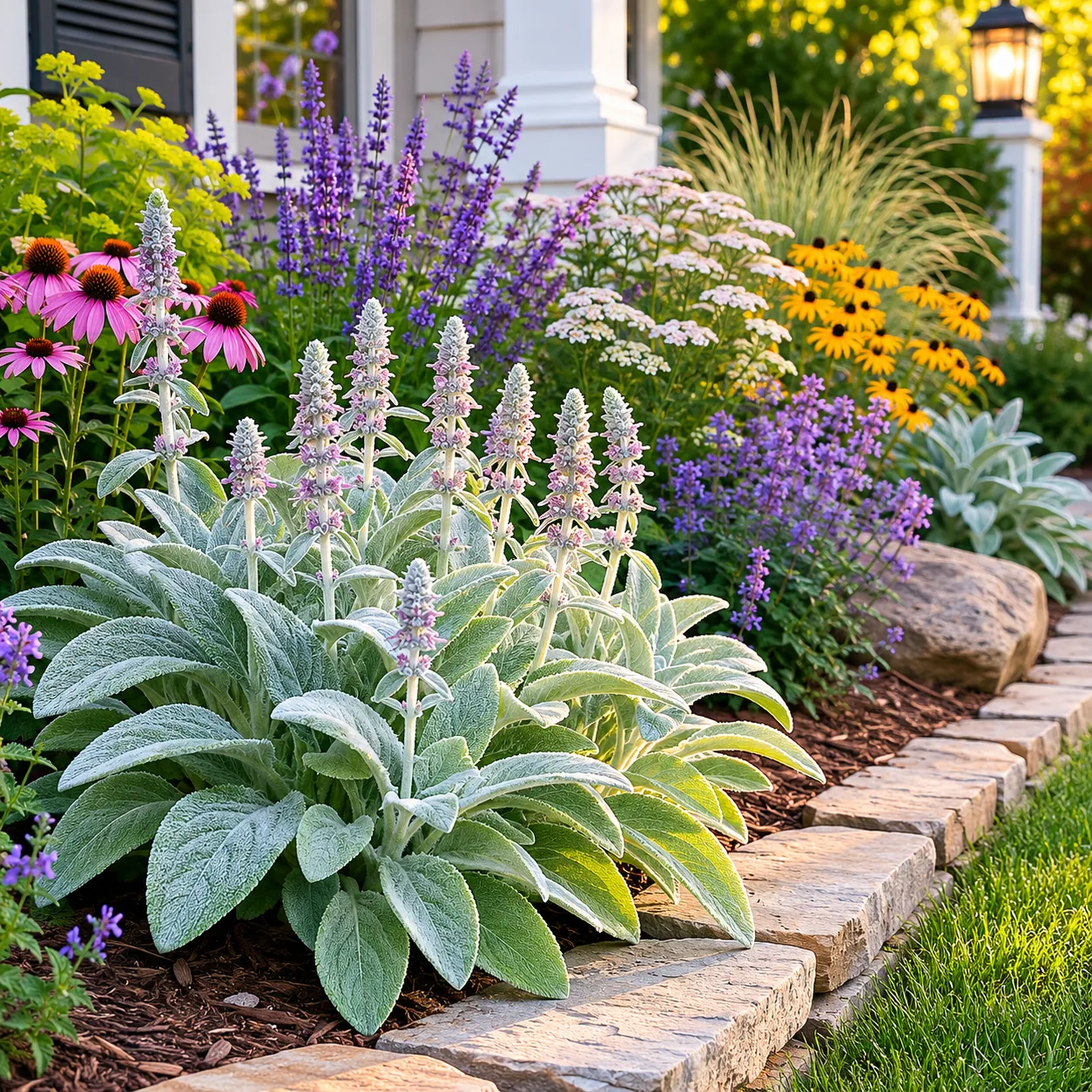 Realistic editorial photo of Lambs ear growing in front yard border with deer resistant flowering plants, realistic edit