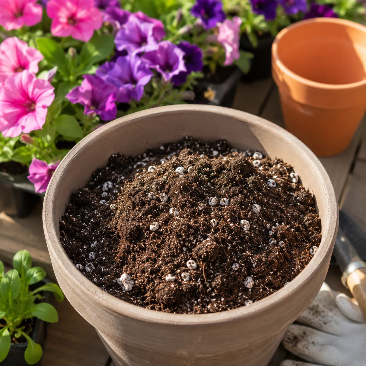 Realistic editorial photo of light fresh potting mix for petunia container, warm natural light, practical home gardening