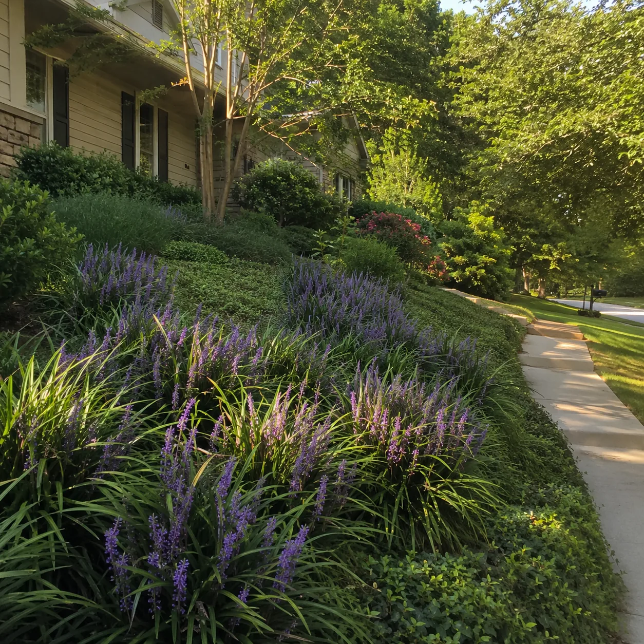 Realistic editorial photo of Liriope growing in sloped front yard planted with controlled ground covers, realistic edito