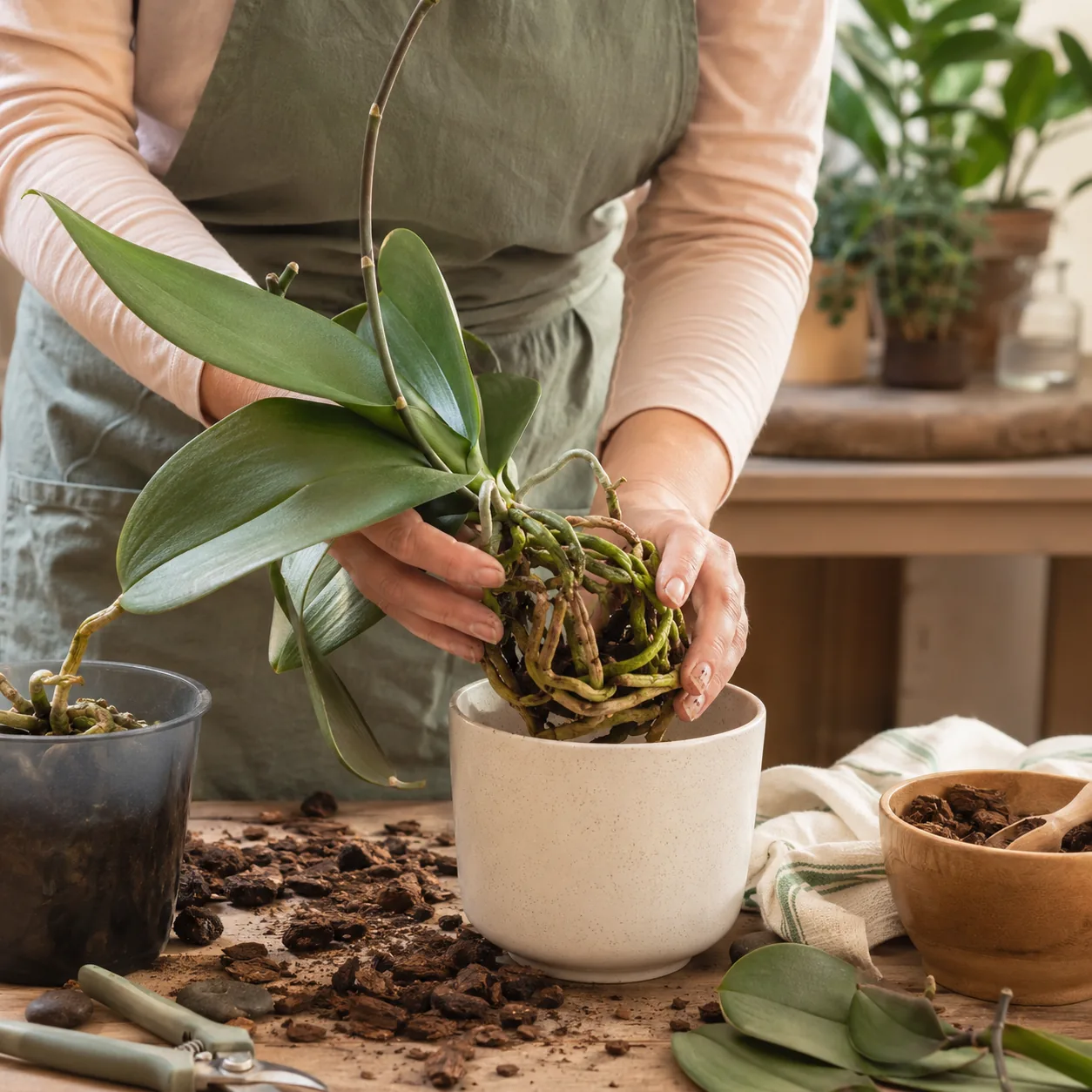 Realistic editorial photo of orchid being repotted after flowers have dropped, warm natural light, practical home garden