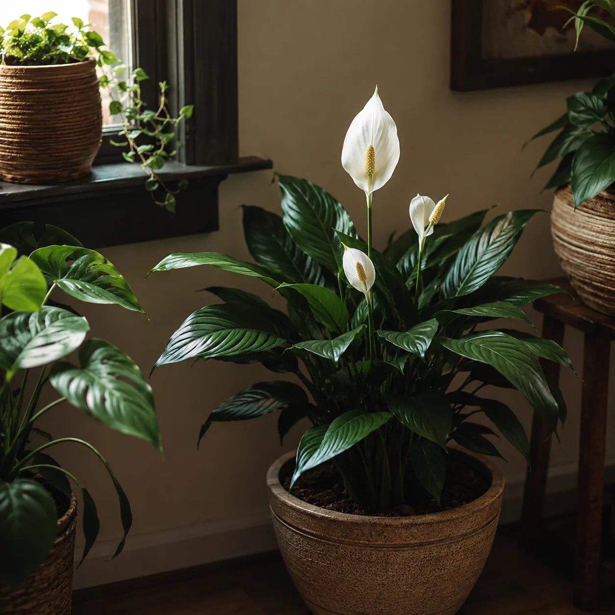 Realistic editorial photo of Peace lily growing in low light room corner with houseplants near a window, realistic edito