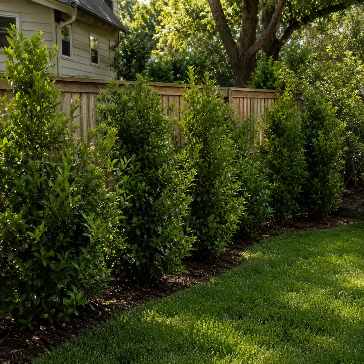 Realistic editorial photo of privacy shrubs in staggered rows in an ordinary backyard needing privacy, realistic editori