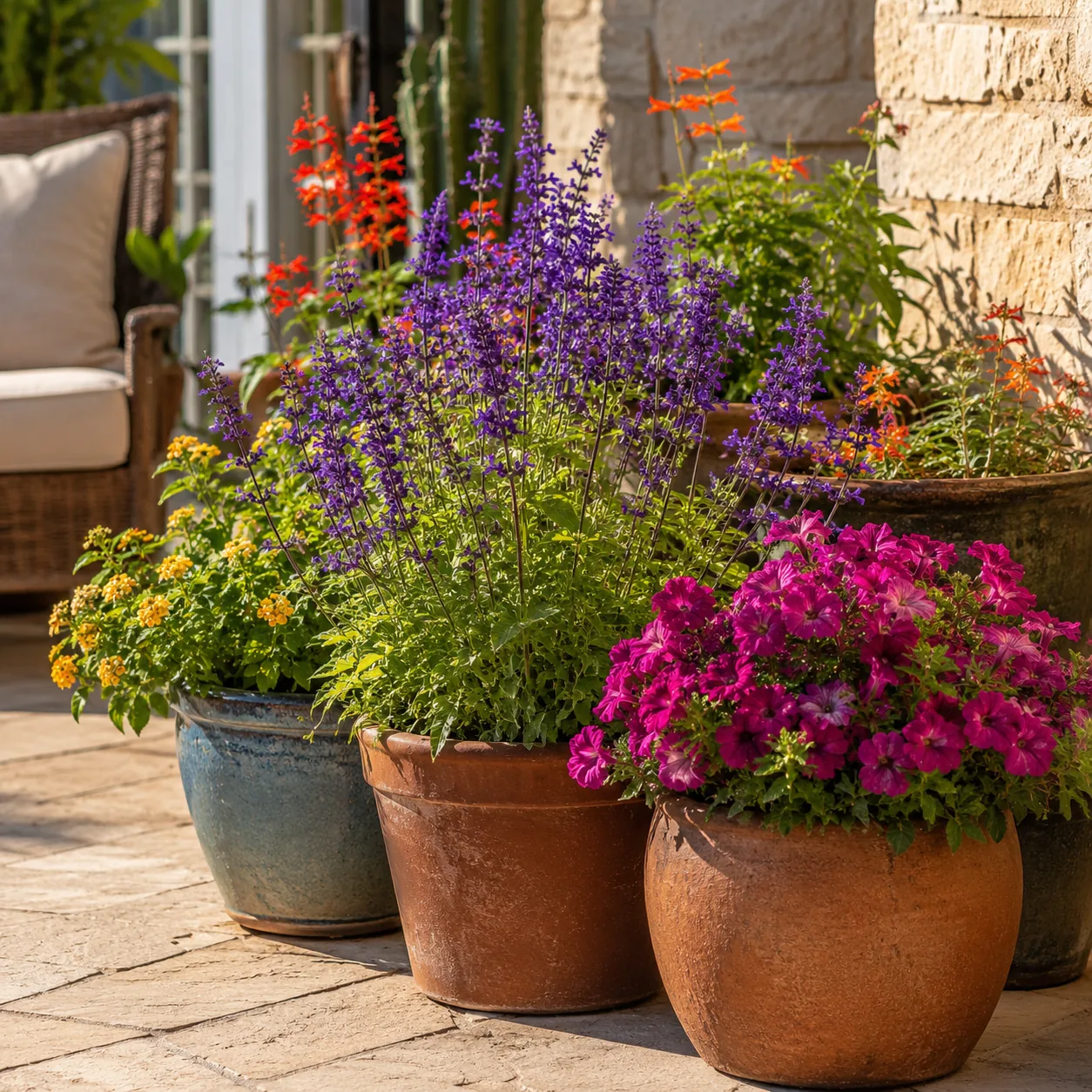 Realistic editorial photo of Salvia growing in sunny patio containers with heat tolerant flowering plants, realistic edi
