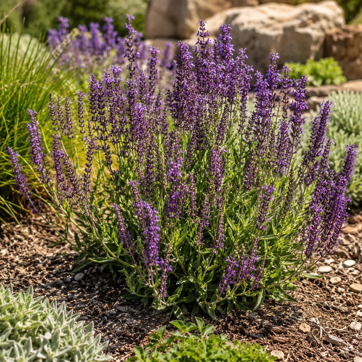 Realistic editorial photo of Salvia growing in sunny drought tolerant flower bed in summer heat, realistic editorial pho