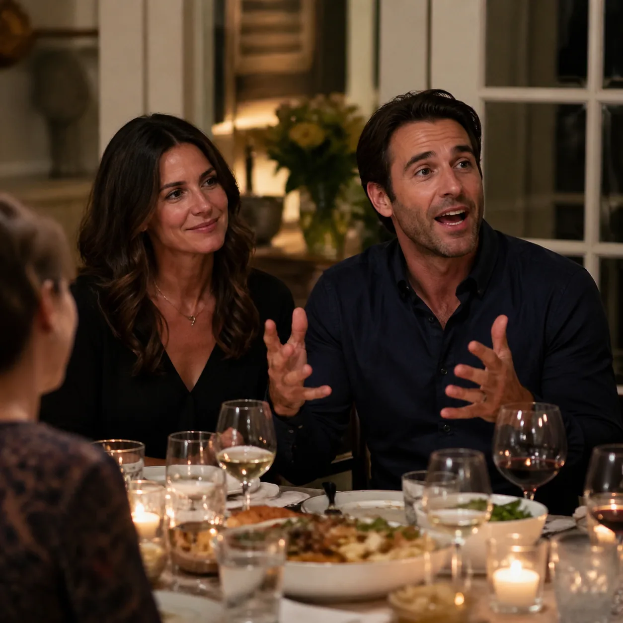 Realistic lifestyle photo of a husband animatedly retelling a story at a dinner with friends while his wife sits politel