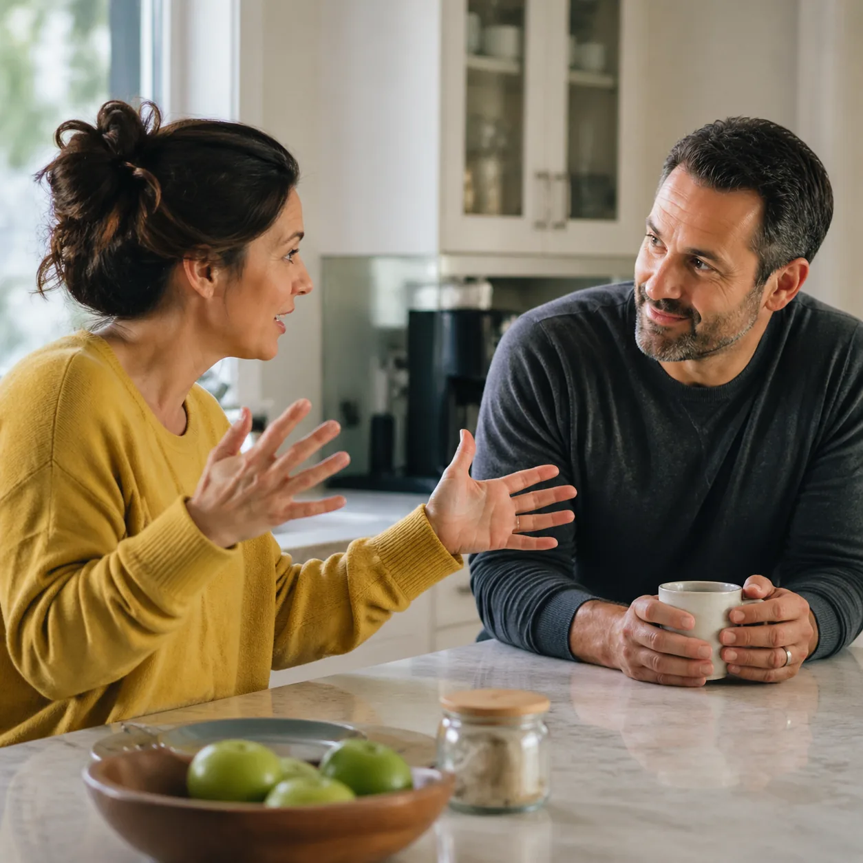 Realistic photo of a wife animatedly telling a story at a kitchen island while husband listens with coffee, amused patie