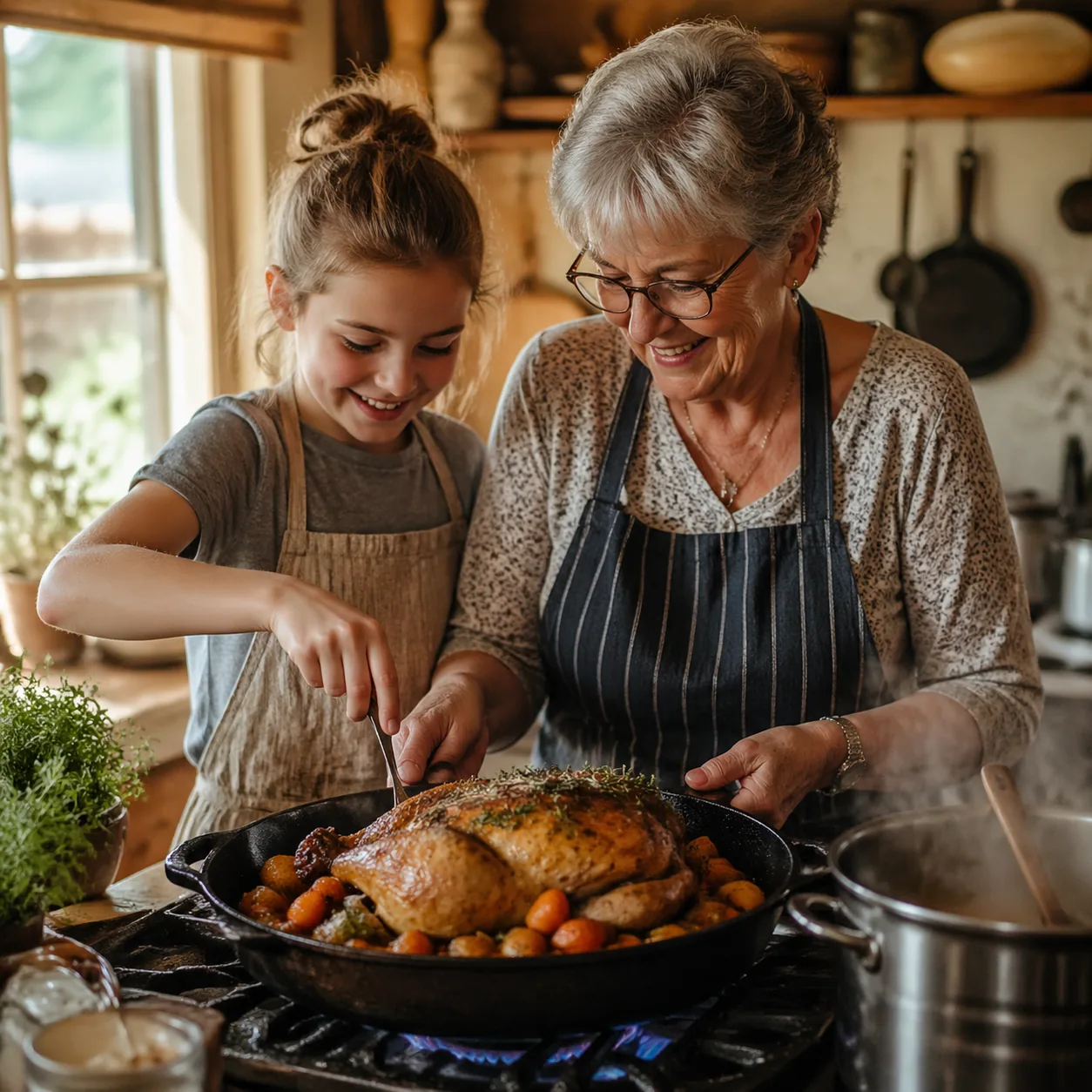 Warm editorial photo of a granddaughter and grandmother cooking together at a stove, roasting a whole chicken with veget