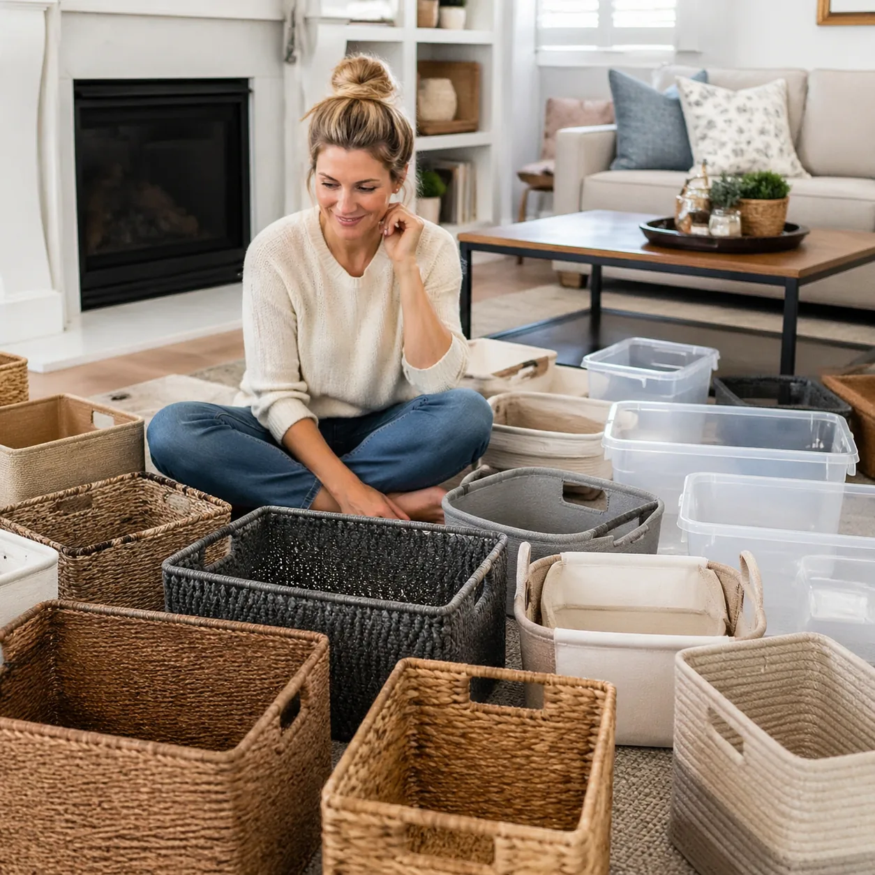 Bright realistic photo of neat empty storage baskets and clear bins spread across a living room floor while a wife looks
