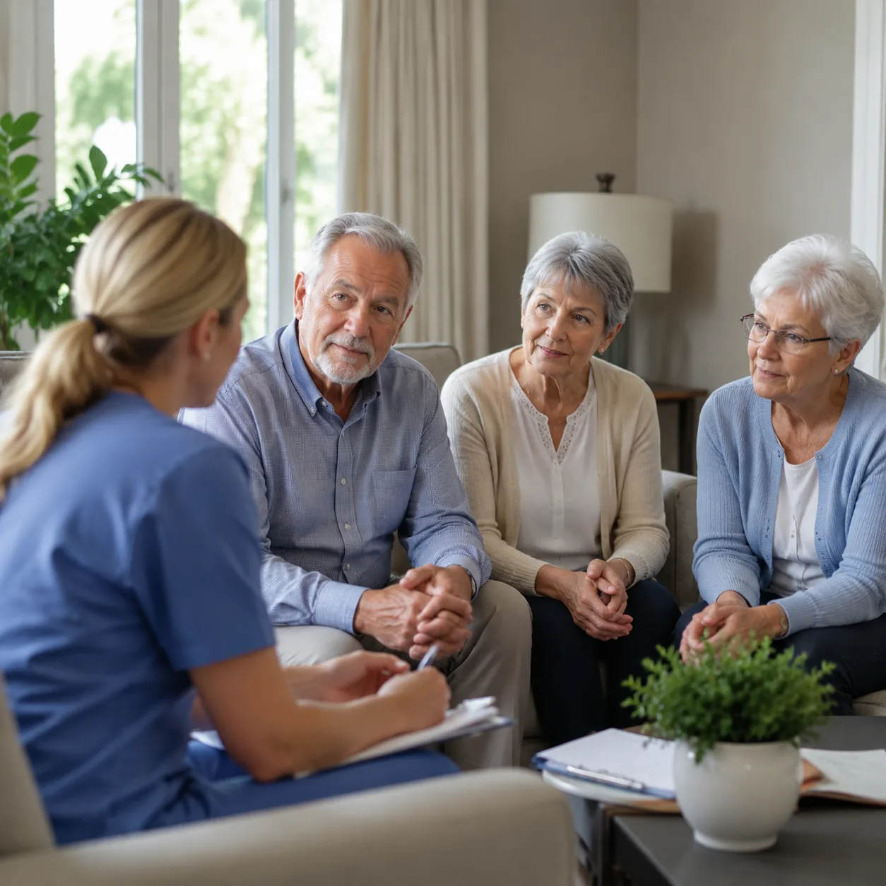 family sitting with nurse at assisted living care plan meeting, realistic editorial lifestyle photography for Americans 